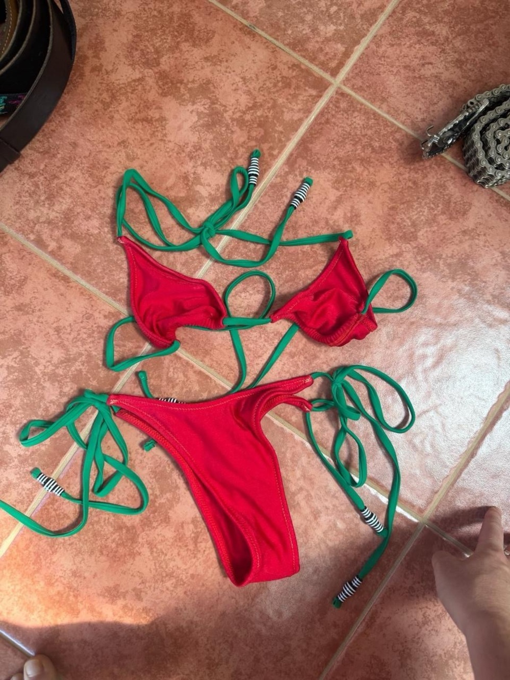 Goldie Red Bikini with Green Ties - Women